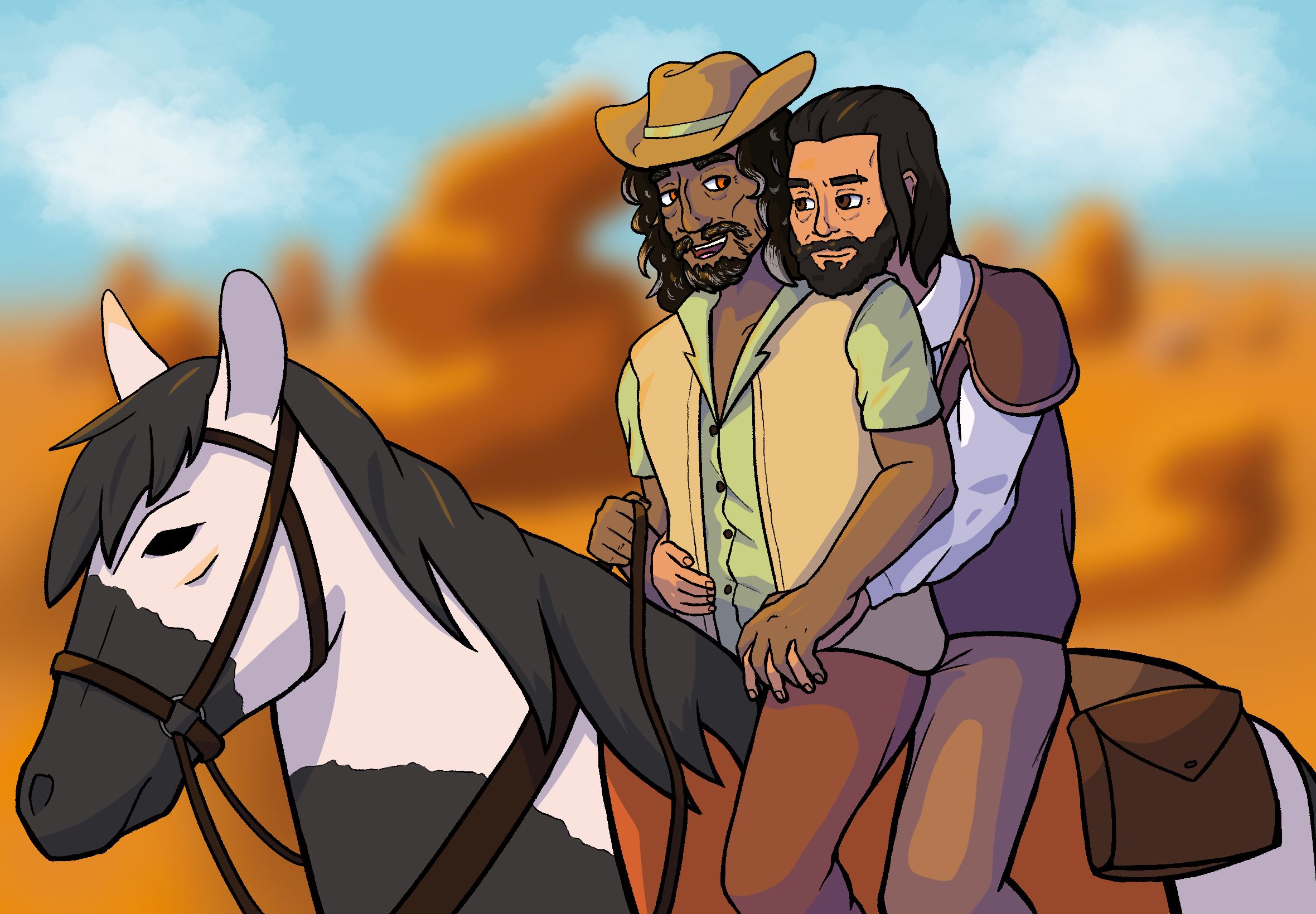Image of Larry and Javier sitting on a horse together in the desert. They are smiling while holding hands while Larry puts his head on Javier's shoulder.